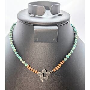 Turquoise Wood Bead Silver Tone Flower Toggle 15" Choker Necklace